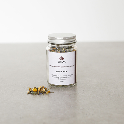 Immunity herbal tea blend made from organic ingredients with Echinacea, lemon balm, St johns wort, lavender and chamomile
